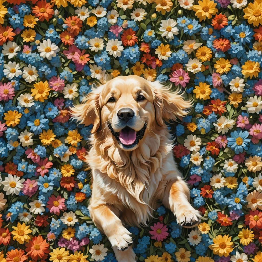 Golden Retriever Puppy in Flowers, Oil Painting Style