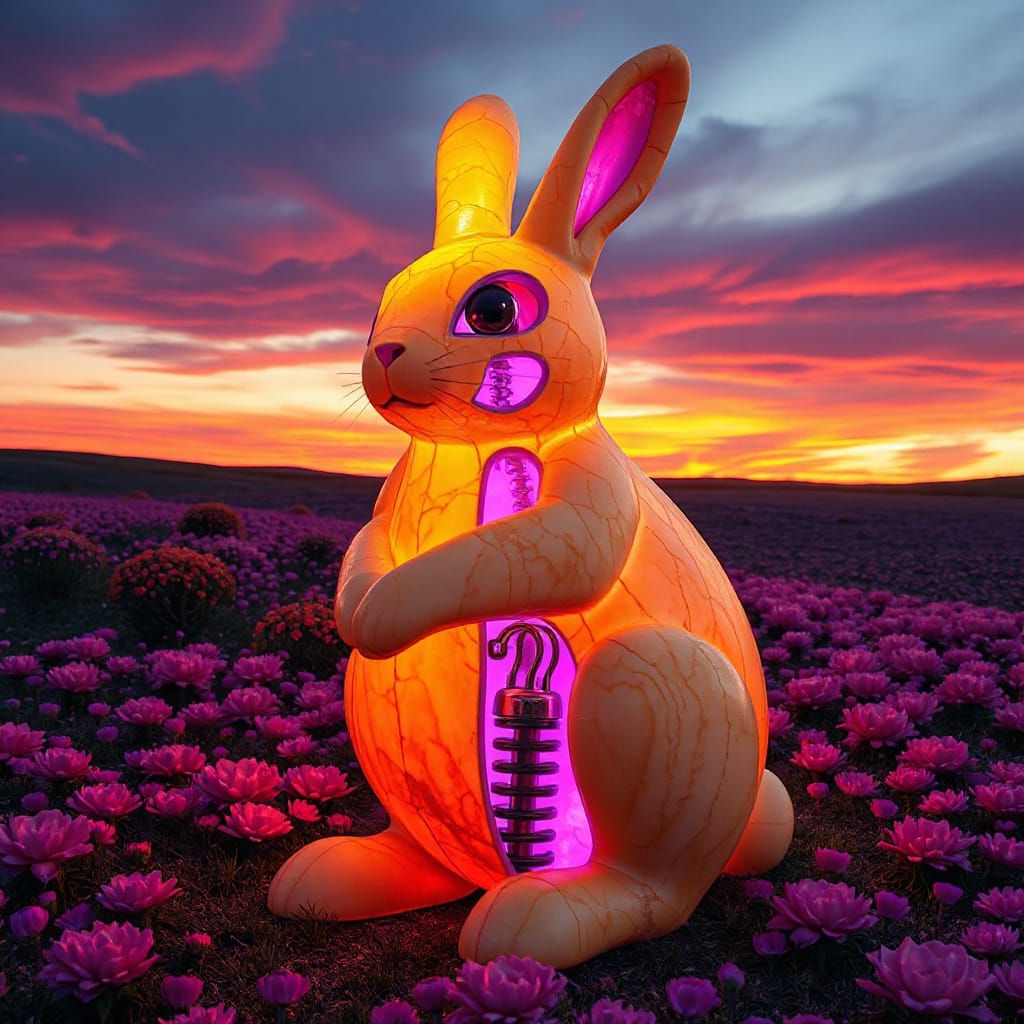 A towering stuffed bunny sculpted from yellow-veined marble ...