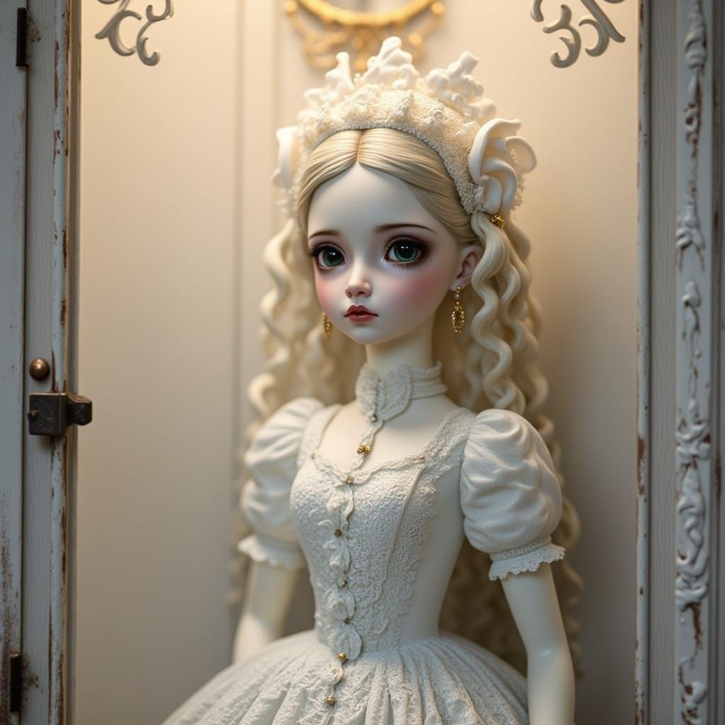 Porcelain Doll in Curio Cabinet: Digital Art