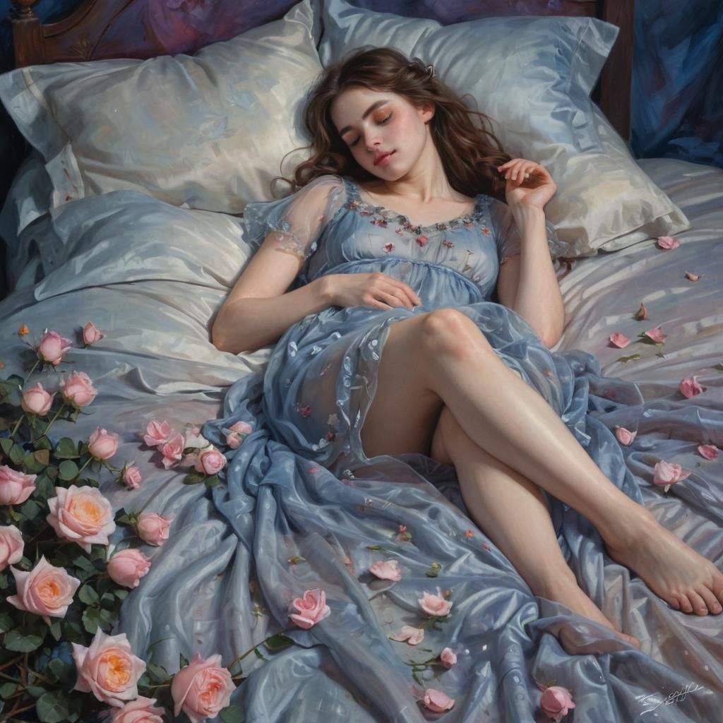 Woman Sleeping on Roses in Impressionistic Style