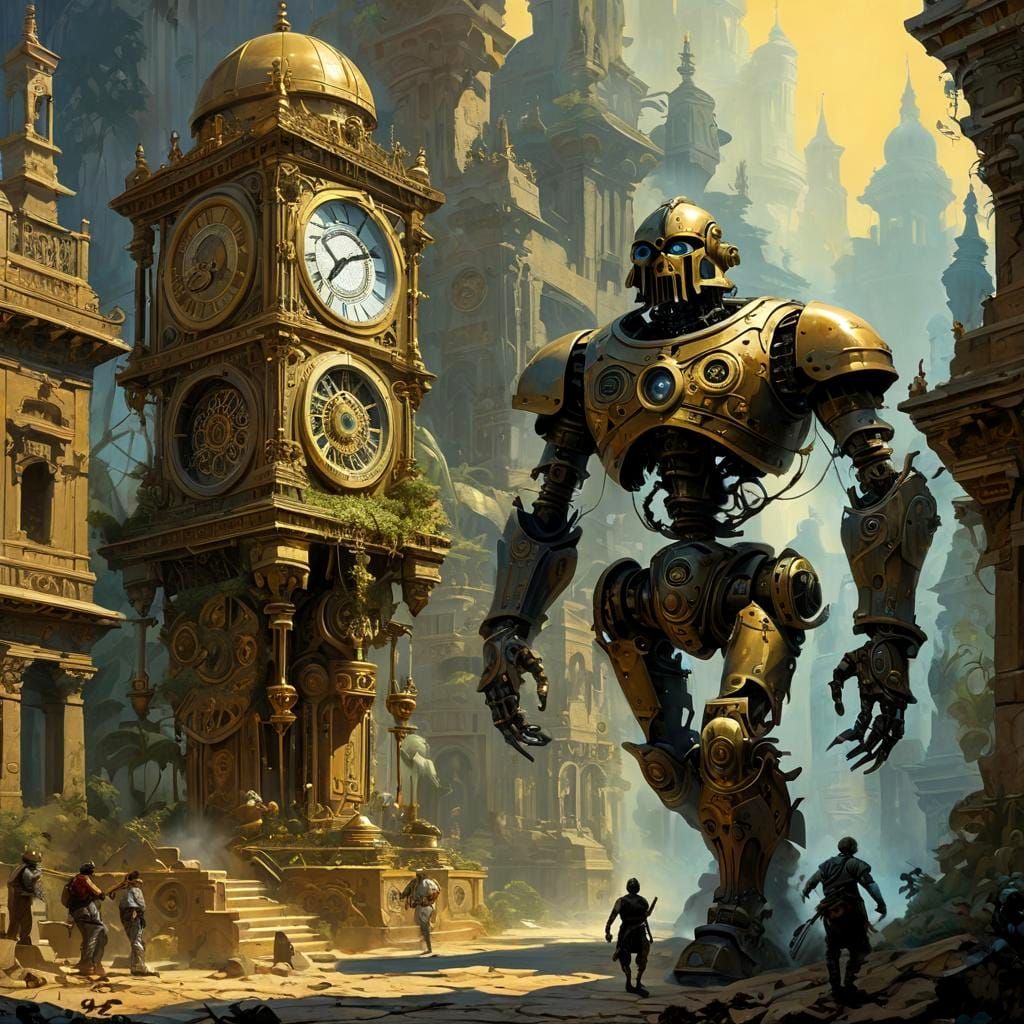 Clockwork Golem in Edenic Gardens: Oil Painting