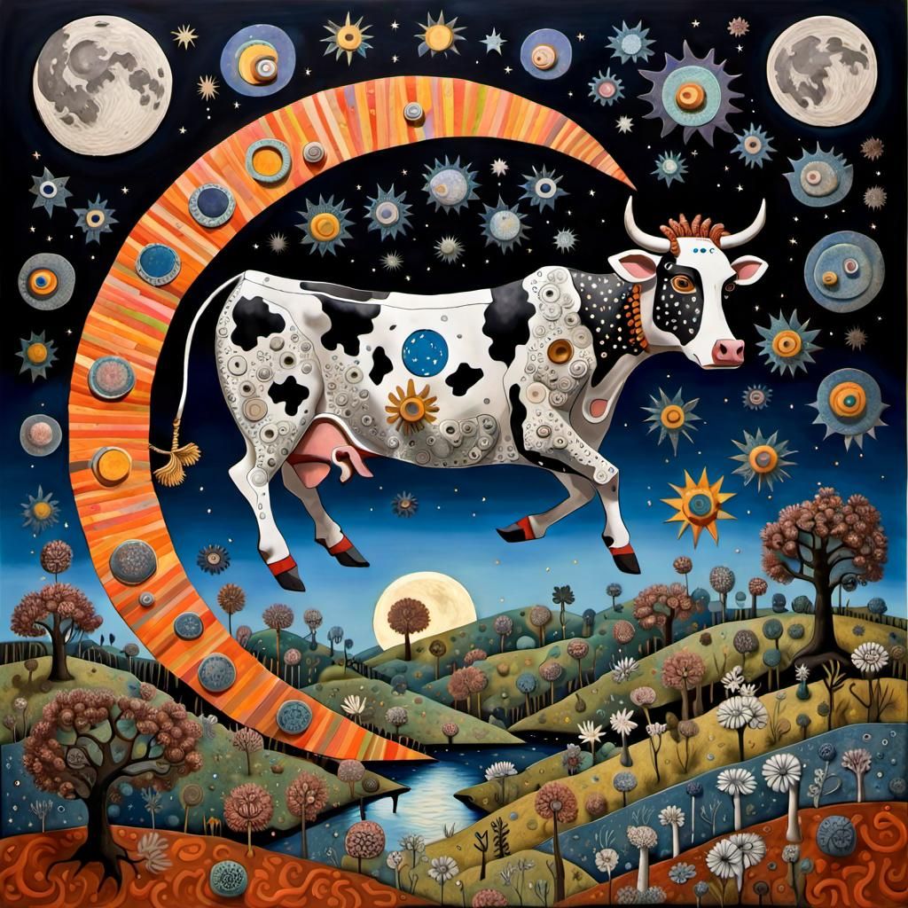 Cow Jumping Over the Moon, Whimsical 3D Art