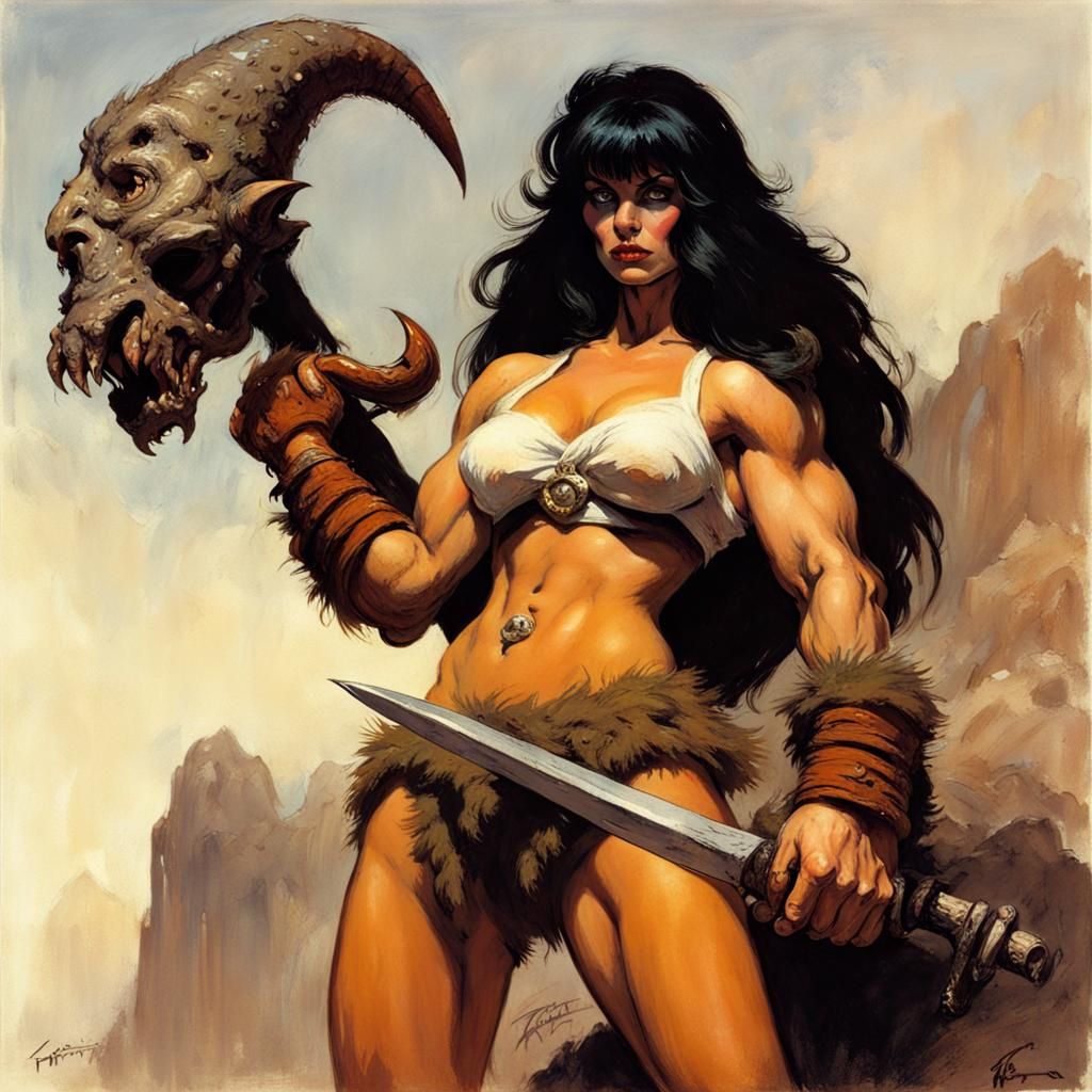 Female Barbarian with Monster Head, in Fantasy Art Style