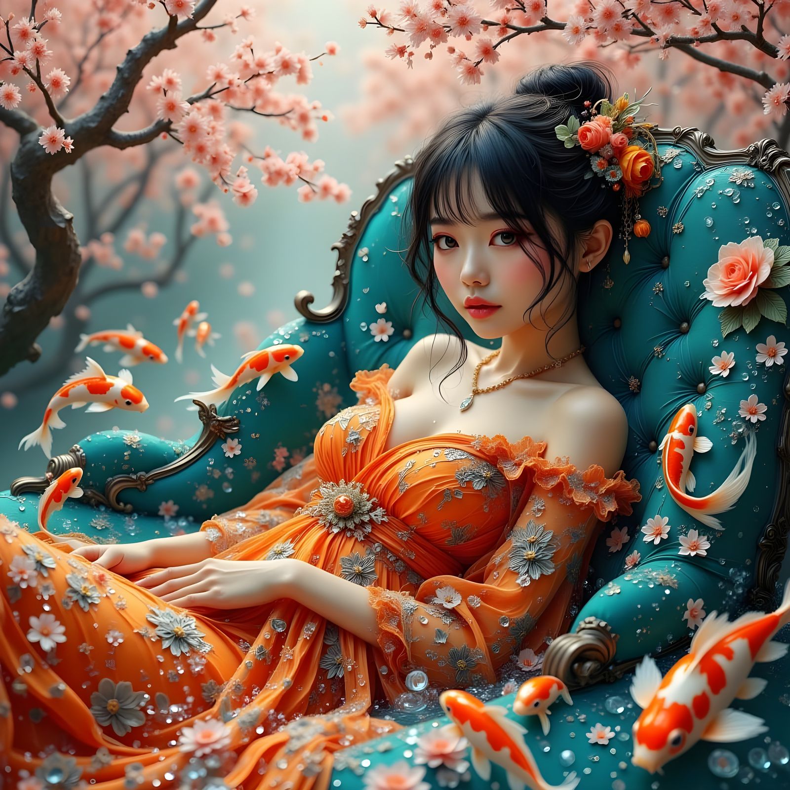 Japanese Woman in Koi Pond as Oil Painting