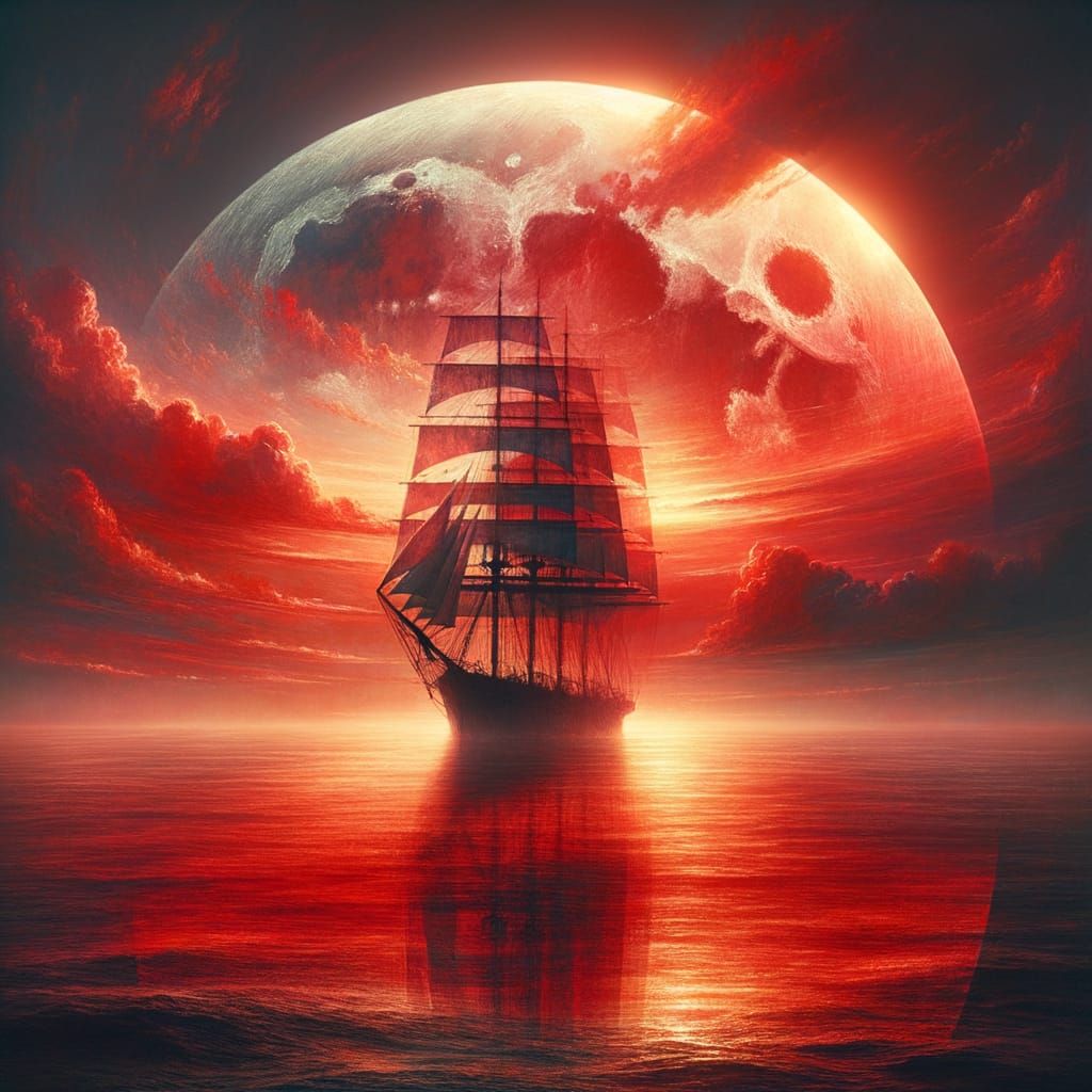 Crimson Twilight Voyage in Double-Exposure Oil Painting Styl...