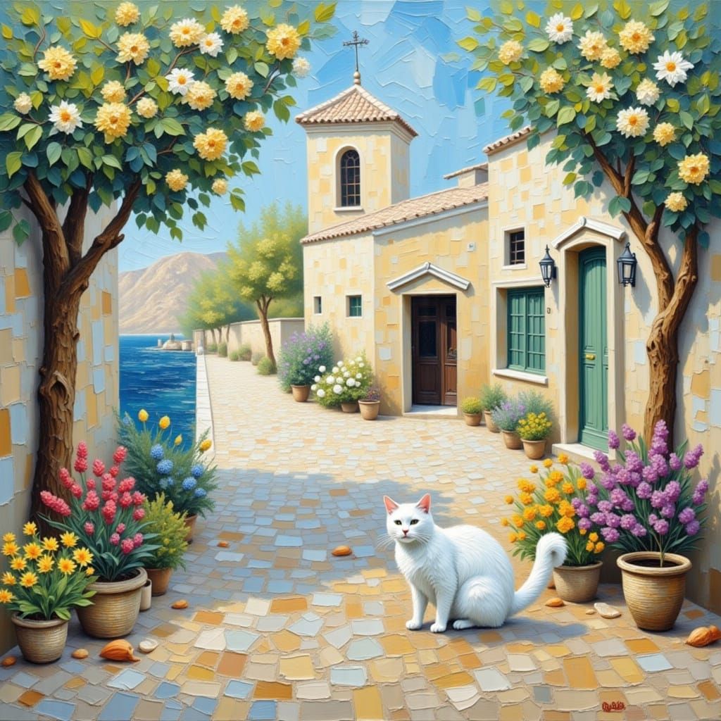White Cat in Greek Setting as Impasto Painting