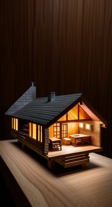 Surreal Wooden Doll in Log Cabin Setting, Cubist Style