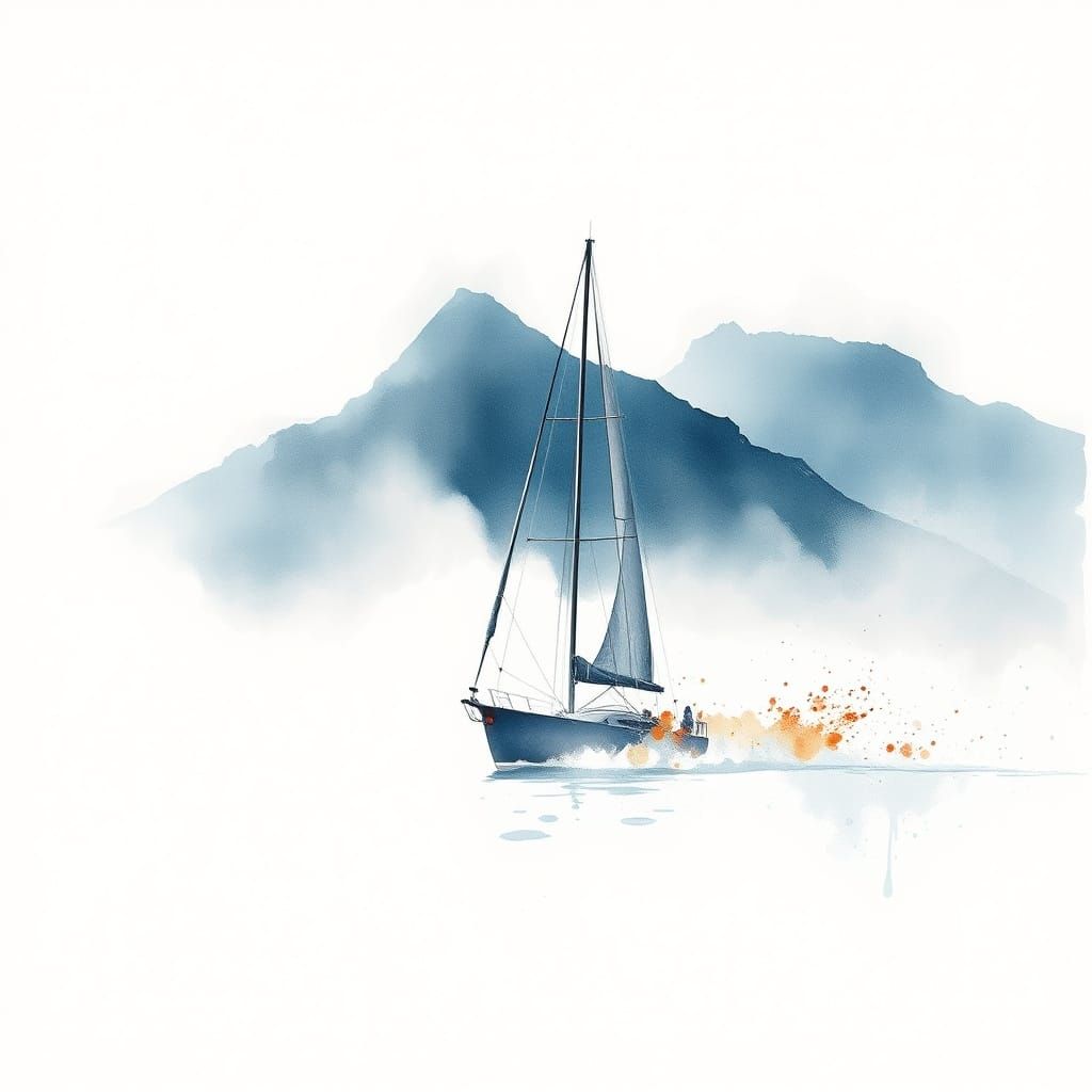 Yacht Sails Through Misty Scottish Highlands in Watercolor S...
