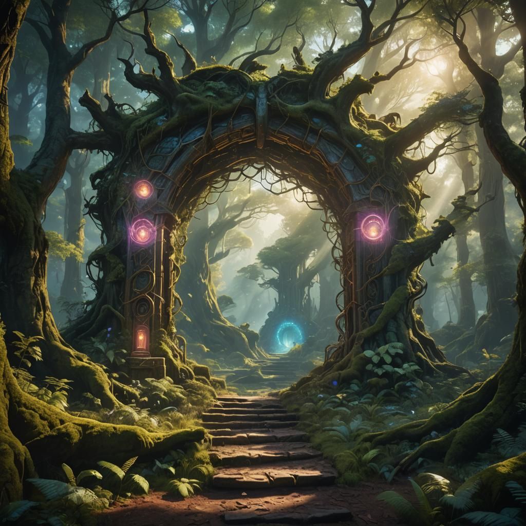 Luminous Portal to Ethereal Realm in Ancient Forest