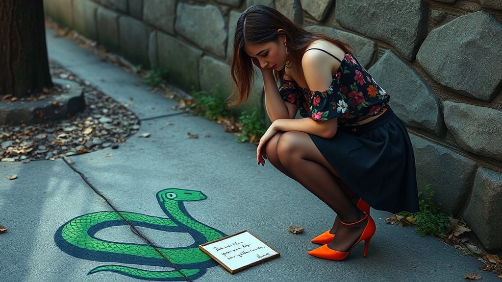 Woman Contemplates Truth Amidst Whimsical Graffiti