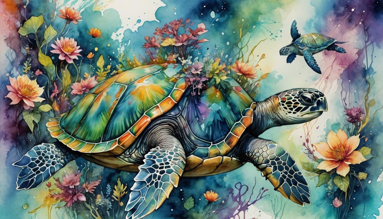 Fantasy Watercolor Sea Turtle Fairytale