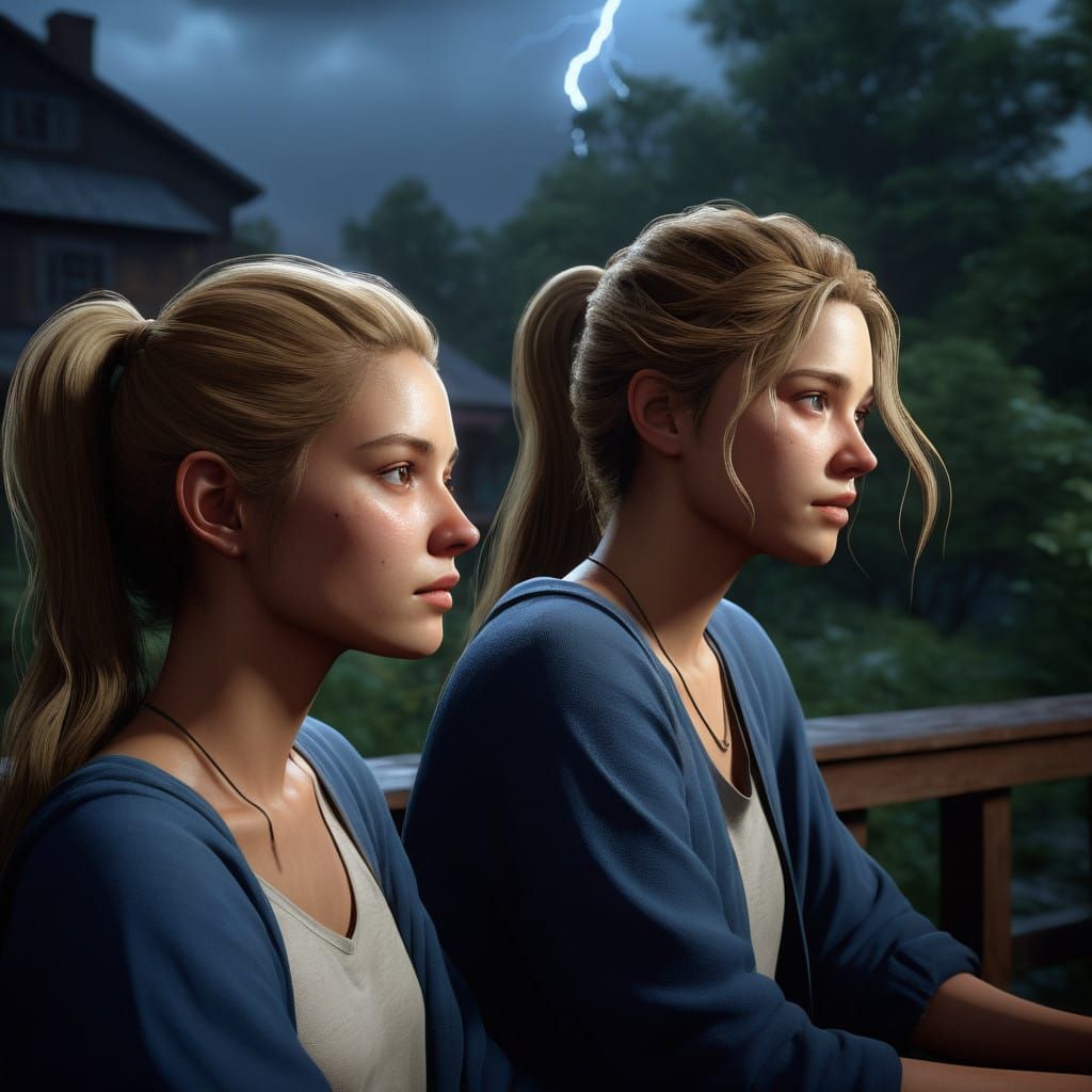 Two Friends Share Intimate Moment on Stormy Porch