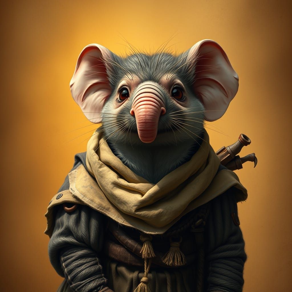 Whimsical Elephant Shrew in Tattered Cloak