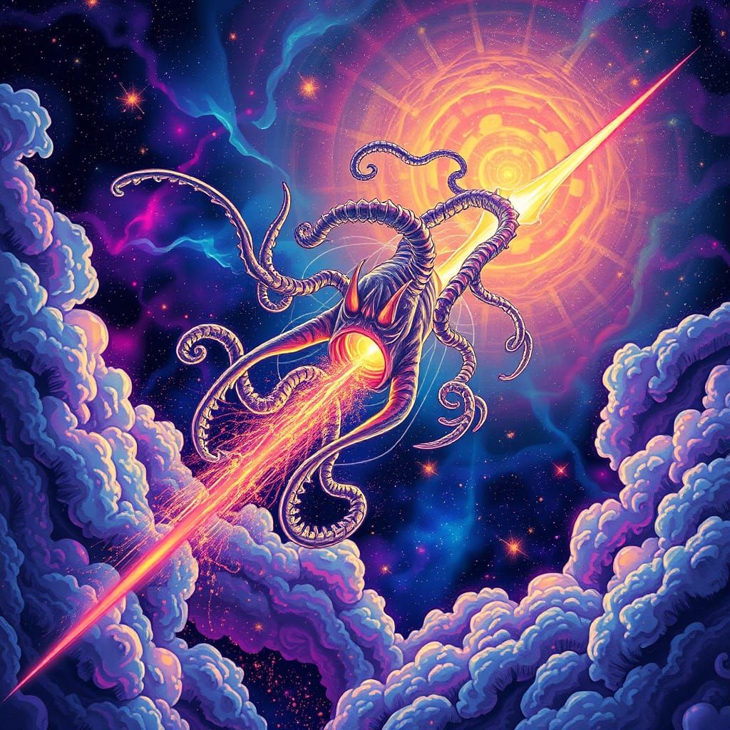 Surreal Eldritch Entity Blazes Through Cosmic Vortex in Vibr...