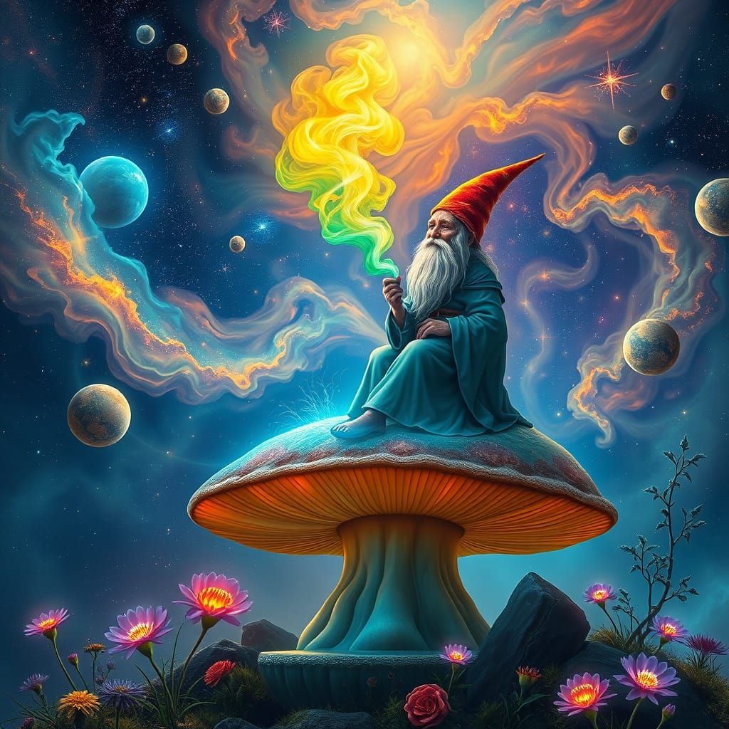 Surreal Gnome Cosmic Odyssey in Vibrant Astral Style