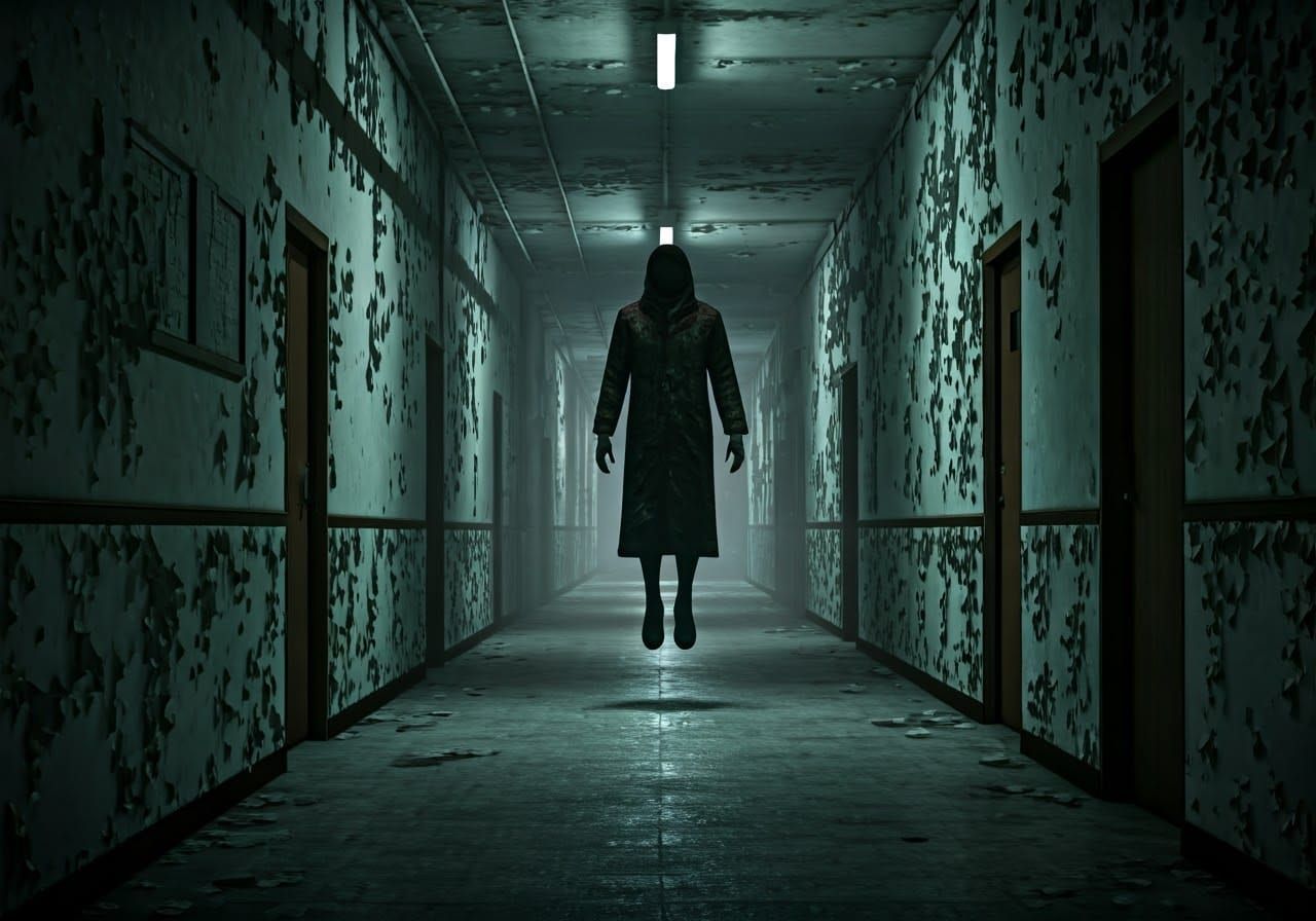 Eerie Asylum Hallway Figure in Supernatural Aura