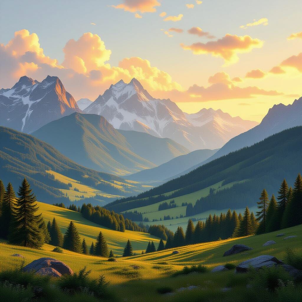 Idyllic Vista of Rolling Hills and Majestic Mountains