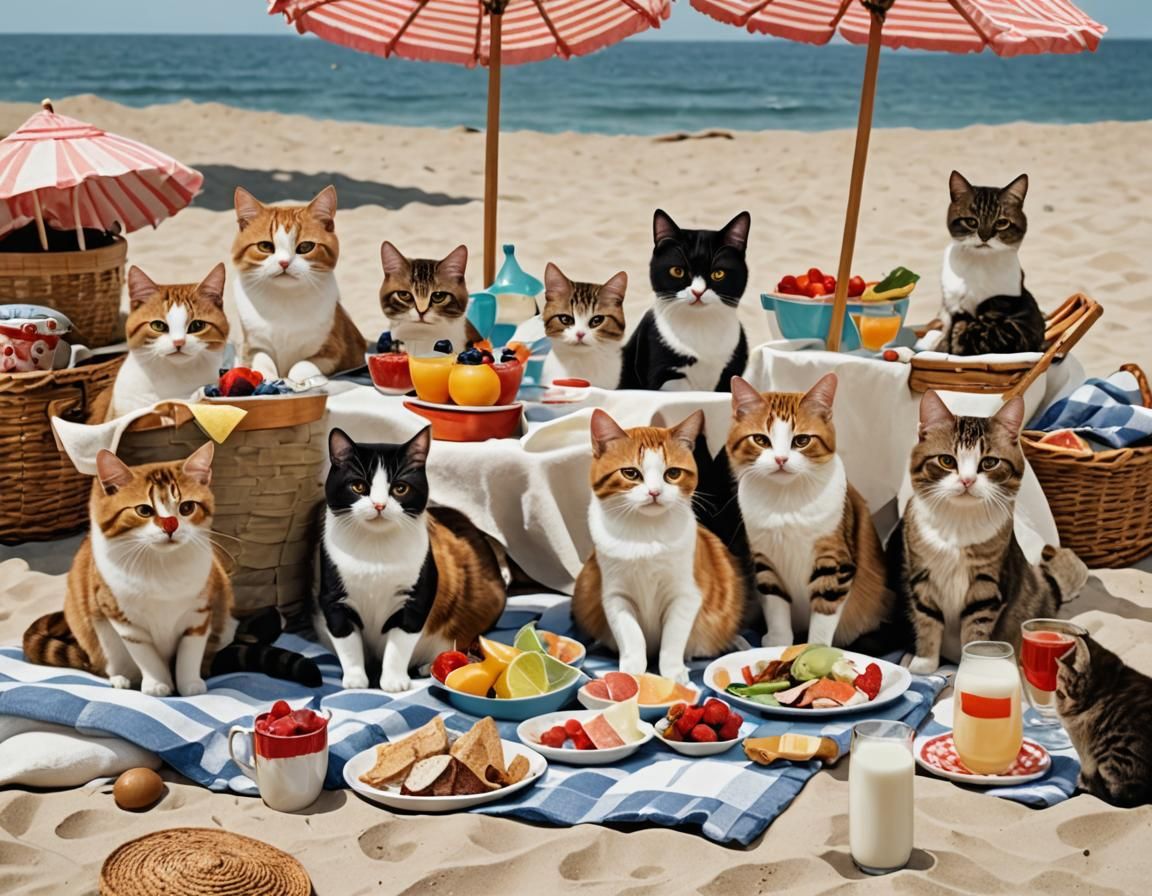 Cats Family Beach Picnic in Summer