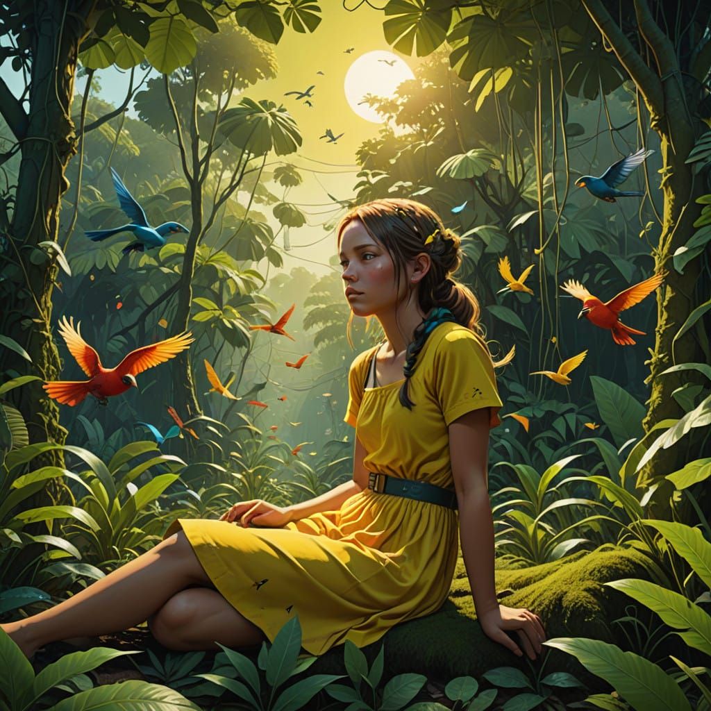 Girl Surrounded by Mathematical Magic in a Lush Jungle