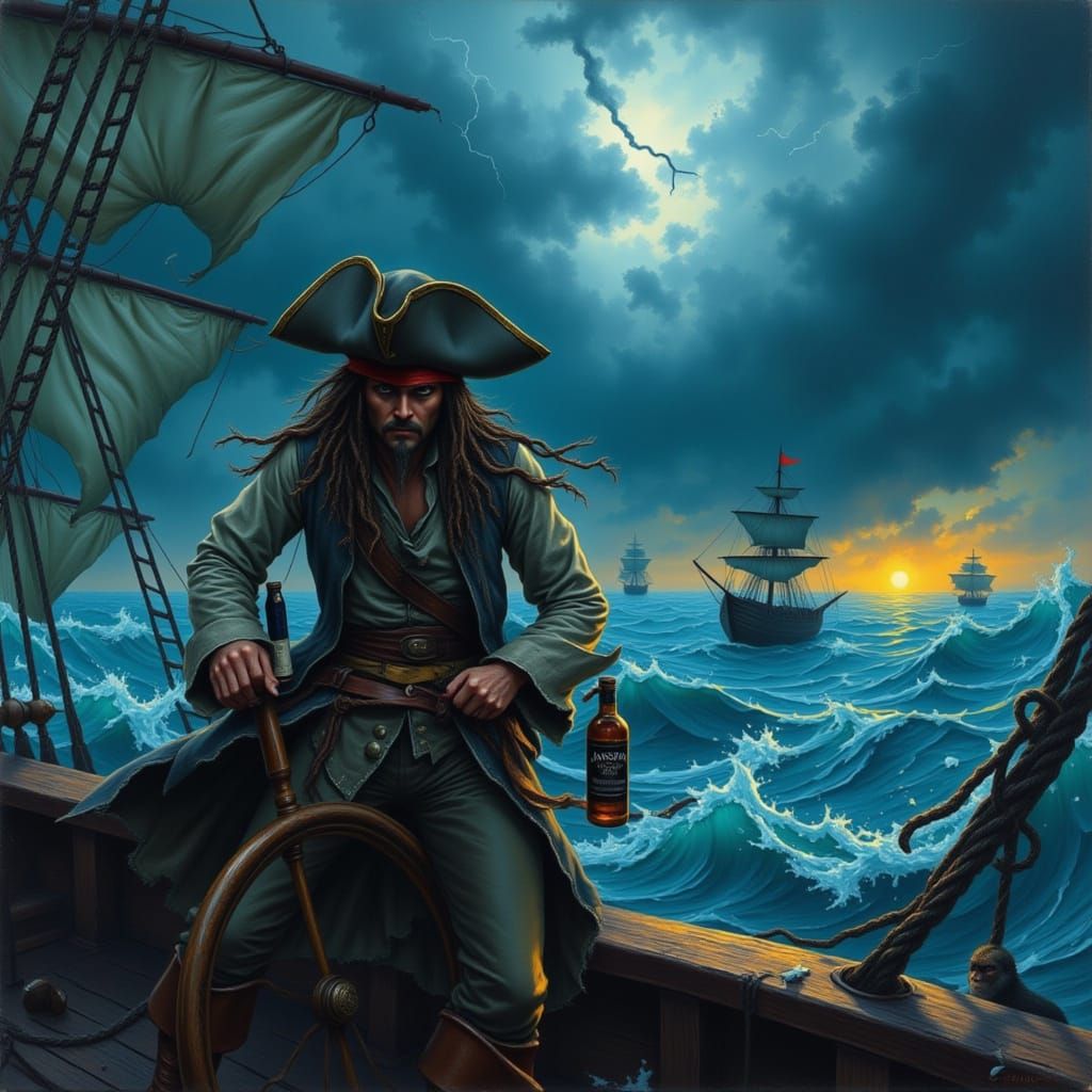 Pirate Captain on Stormy Seas in Cinematic Style