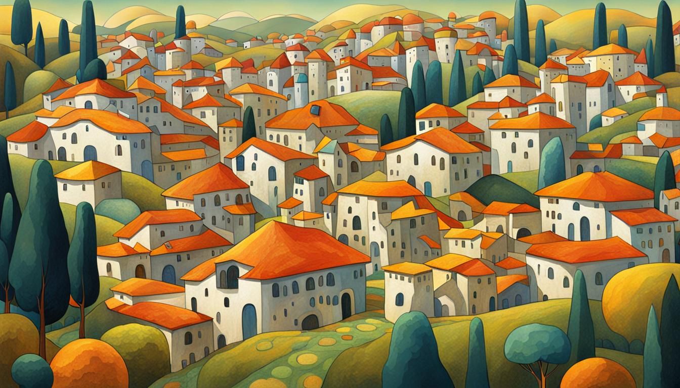 Futuristic Village in Gustav Klimt Style