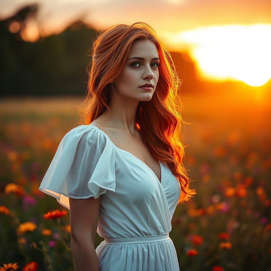 Redhead in Wildflower Field at Sunset, Photographic Portrait