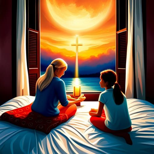 Mother and Daughter Praying at Bedtime