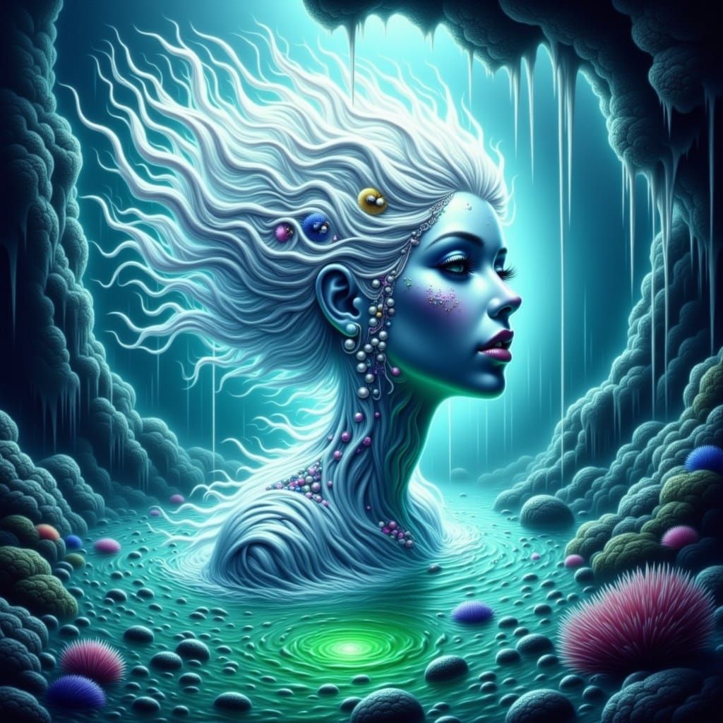 Majestic Sea Deity in Ethereal Underwater Cavern