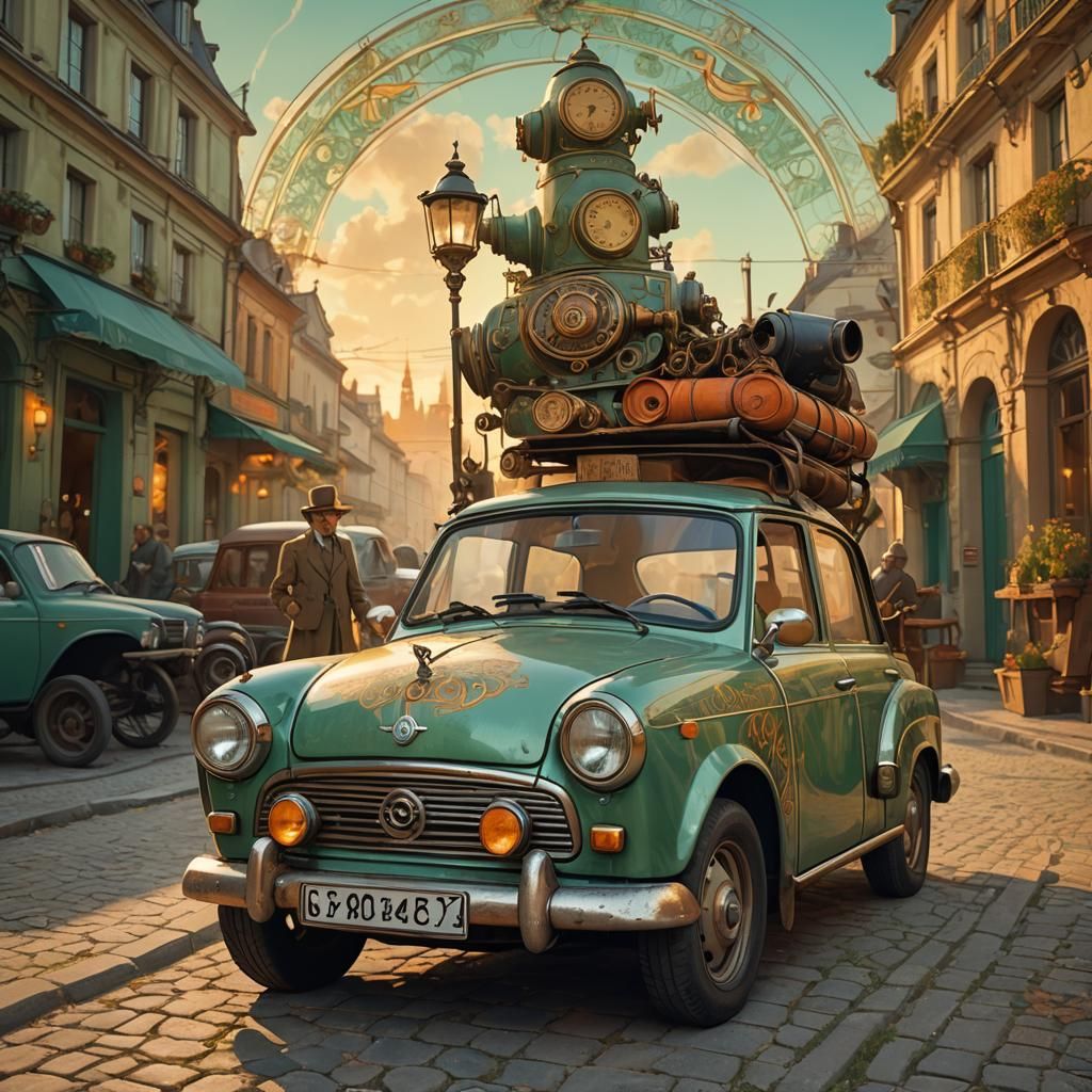 Vintage Trabant Car in Alphonse Mucha Oil Painting Style