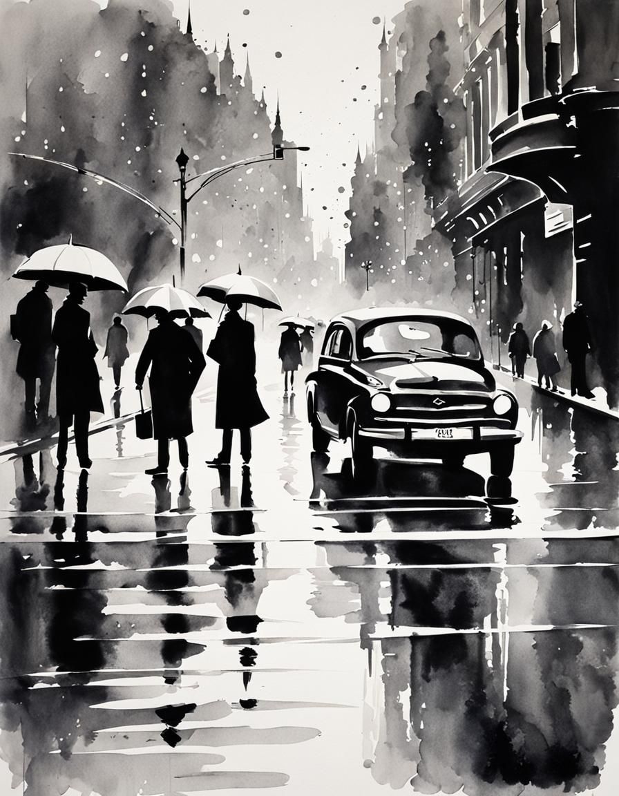 Monochrome Watercolor Rainy Street Scene