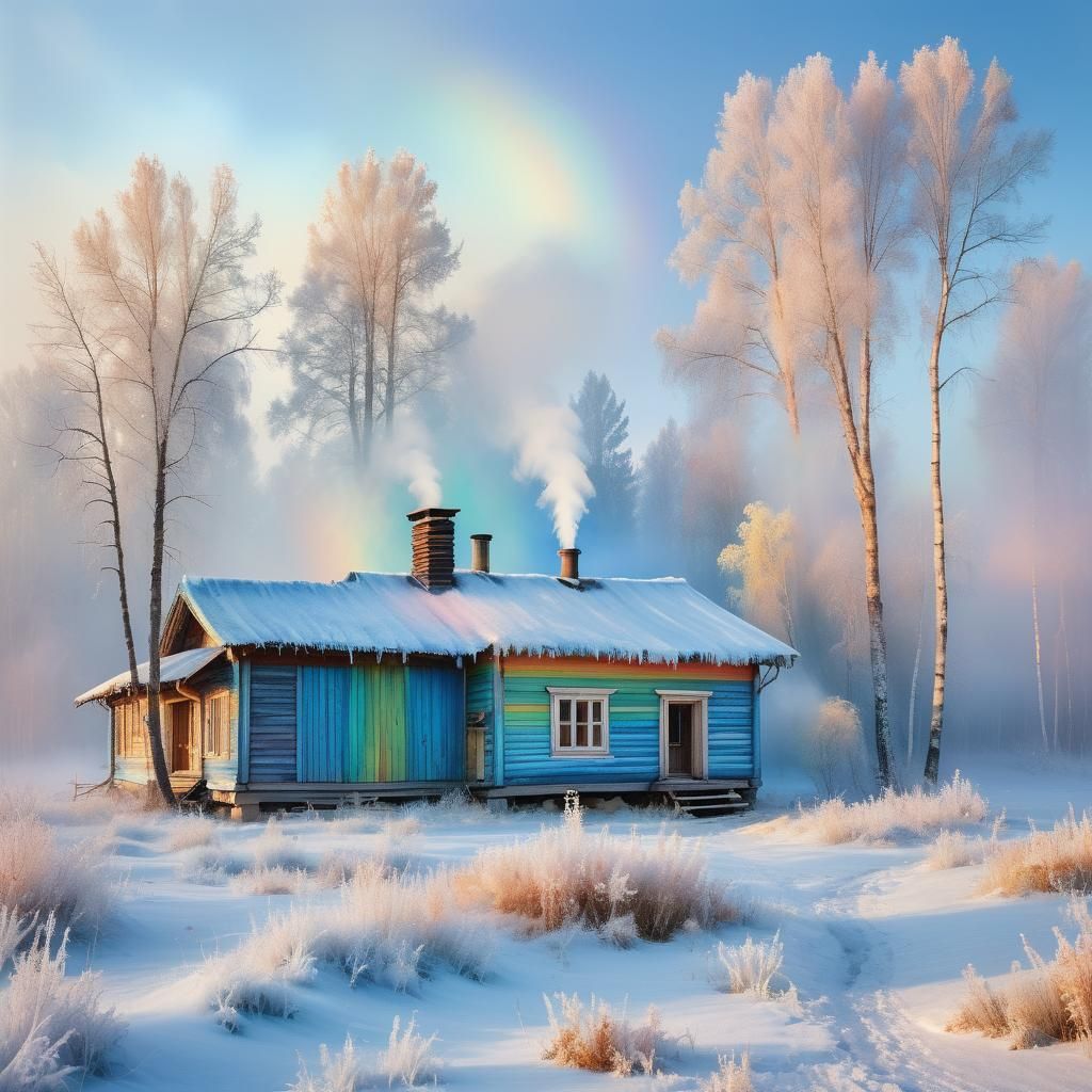 Yakutian House with Rainbow in Soft Sunlight