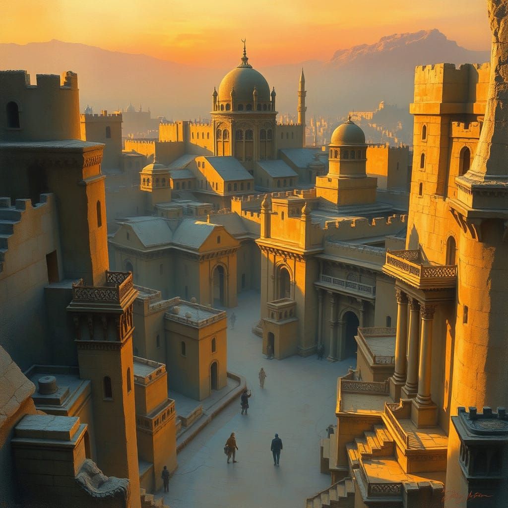 Golden Damascus Cityscape in Dreamy Alcohol Ink Style