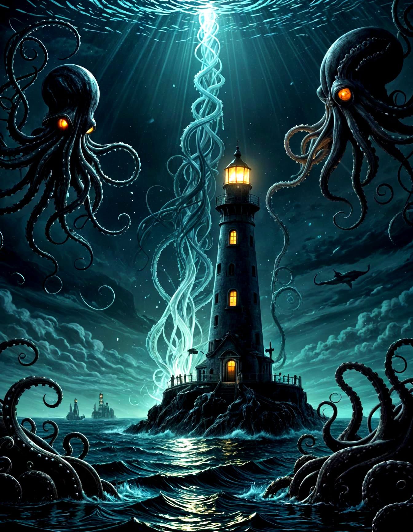 Lovecraftian Octopus Attacks Lighthouse Vector Sticker