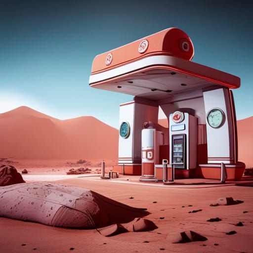 Retro Gas Station on Mars: Detailed Matte Painting