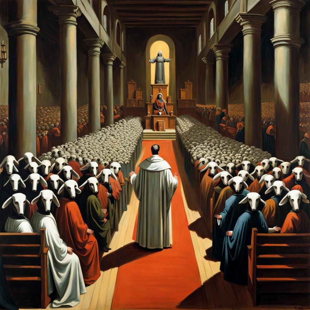 Robot Priest Preaching to SheepBots in Maximalist Style