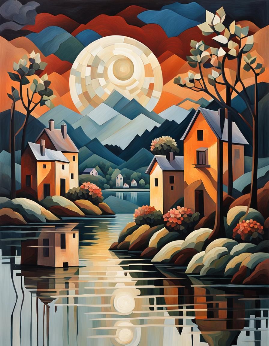 Cubist Moonrise Over Village with Fauvist Undertones