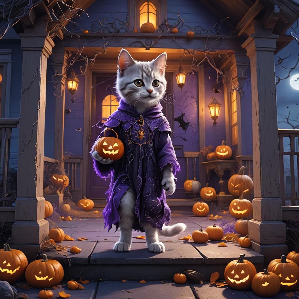 Kitten Ghost Trick-or-Treating: A Matte Painting