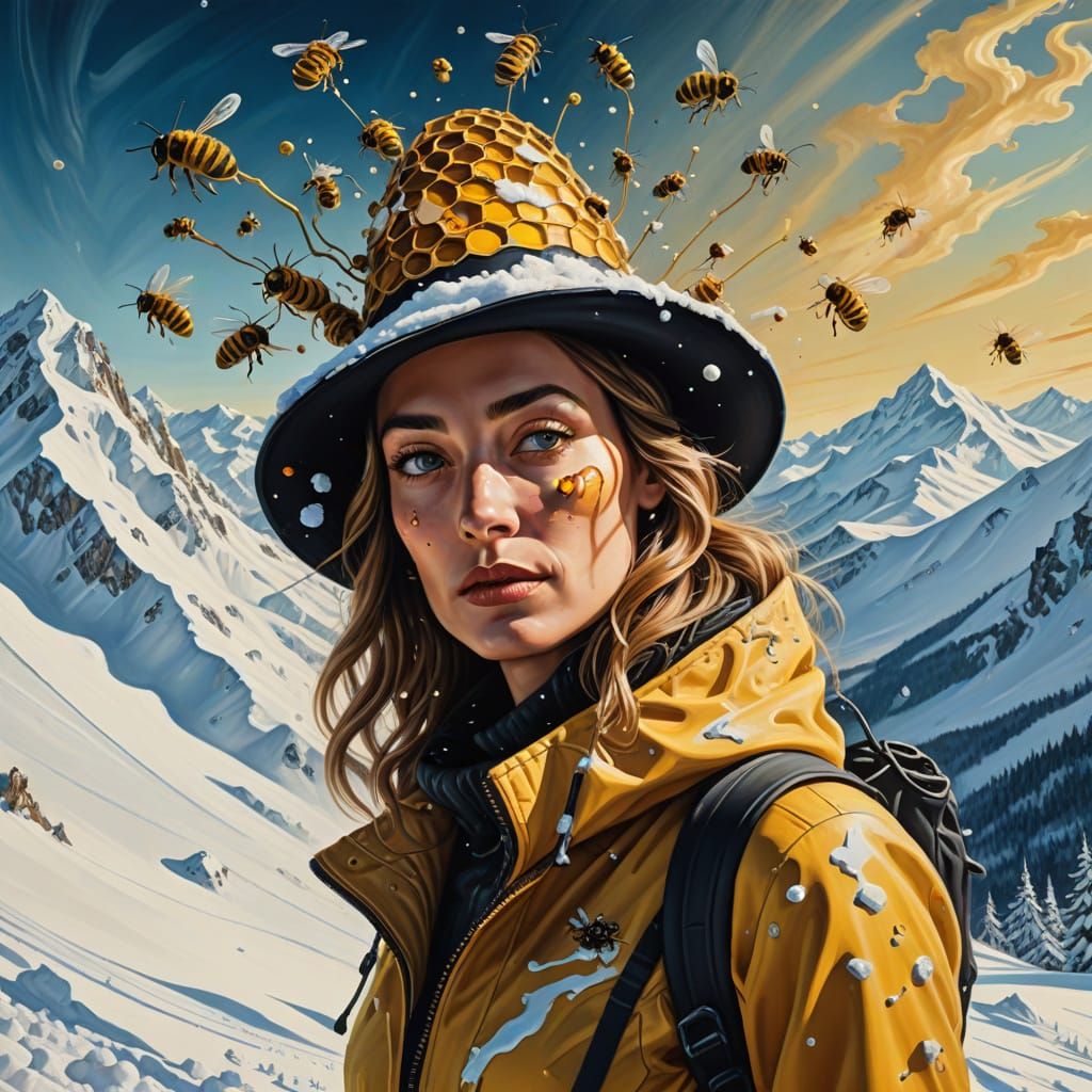 Woman in Bee Hat Skis Snowy Mountain in Surreal Style