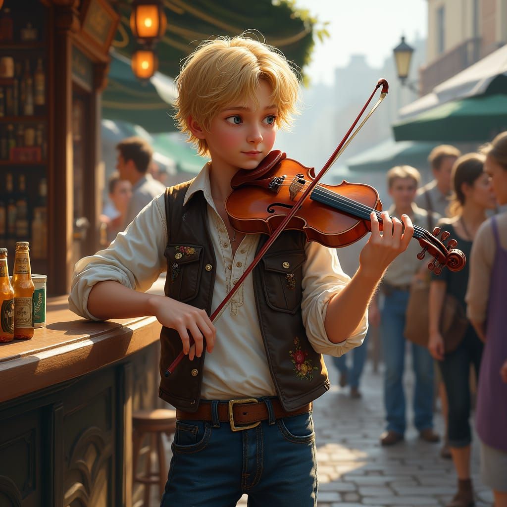 Hyperrealistic Blond Man Playing Violin at Irish Market