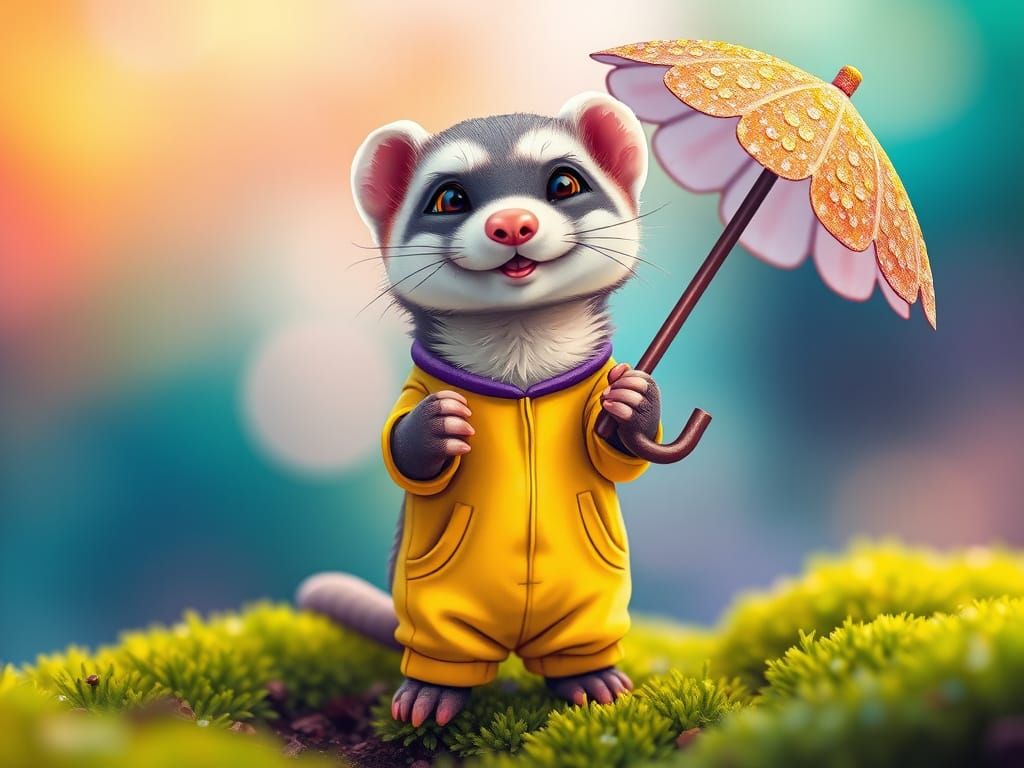 Happy ferret in yellow purple jogging trouser holding daisy formed parasol with glitter, simple drawing style, smiling f...