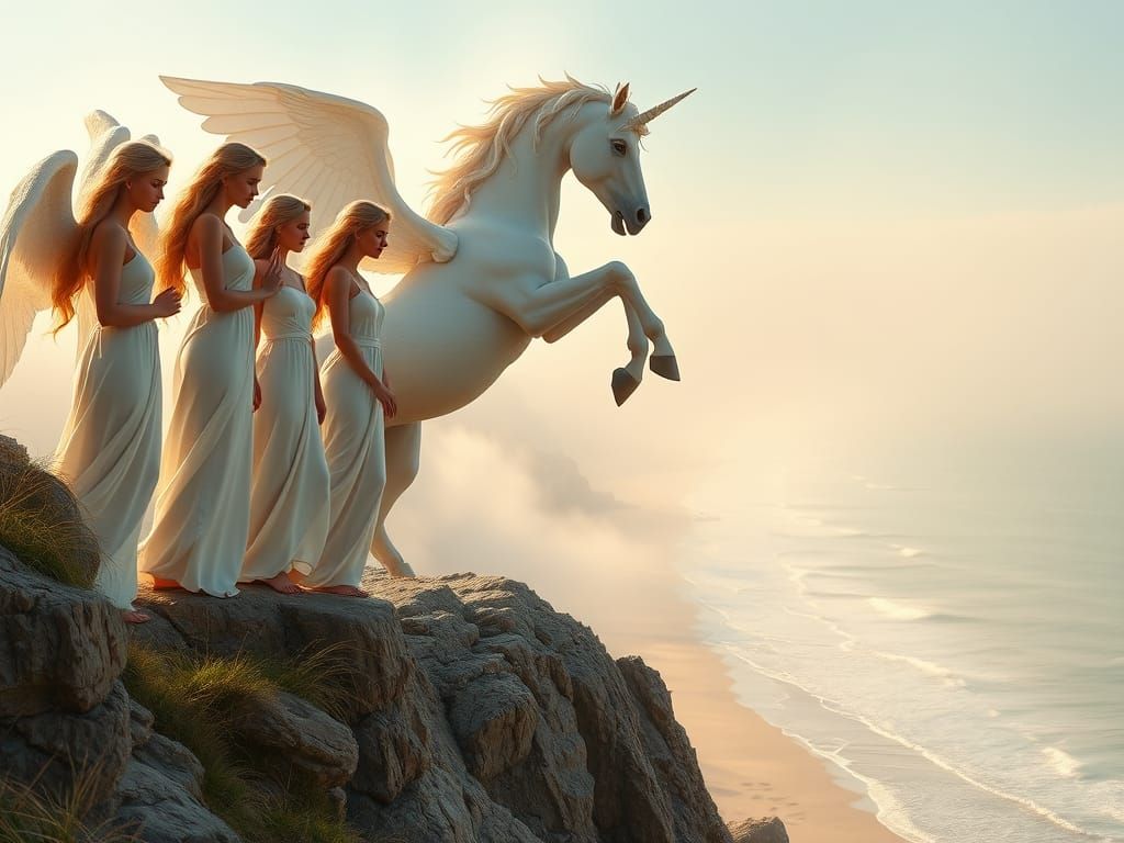 Seven Angels Carve Majestic Unicorn Statue Amidst Ethereal D...
