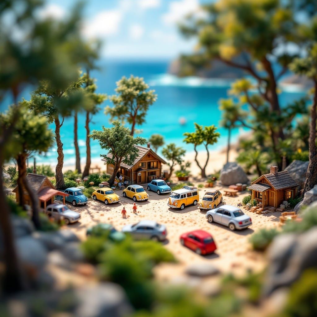Whimsical Miniature World with Tiny Cars on a Tropical Islan...