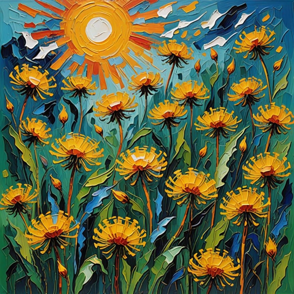 Neo-Impressionist Dandelions Dancing in Springtime