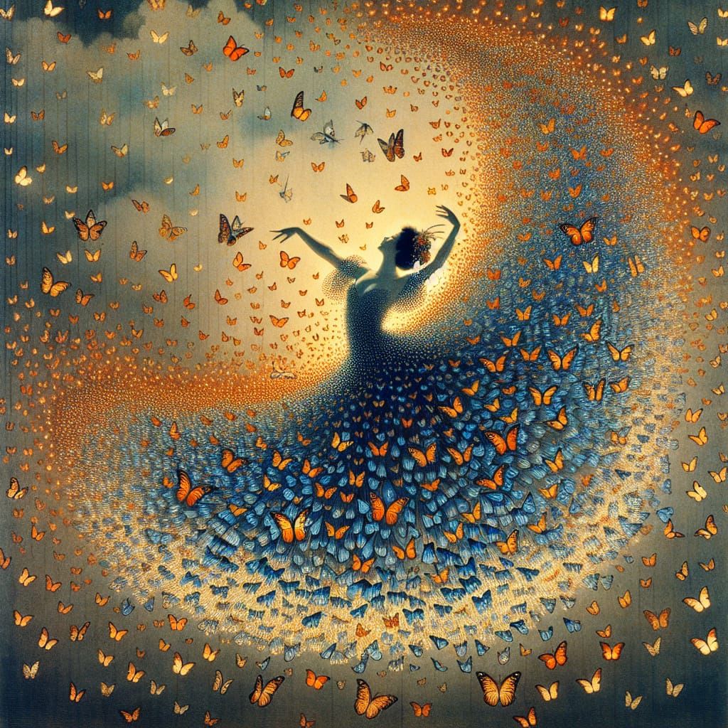 Dancer in Ukiyo-e Style with Bioluminescent Butterflies