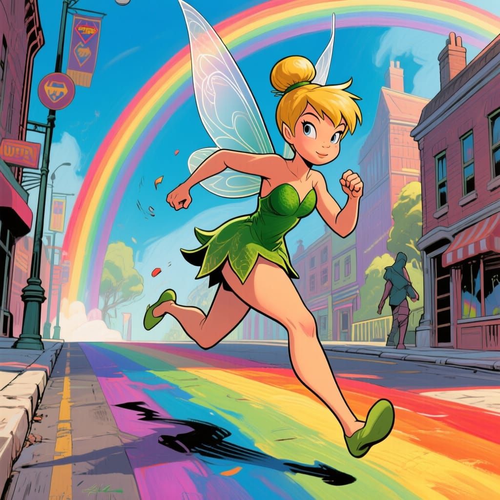 Tinkerbell Races Down a Vibrant Rainbow Street in Heroic Sty...