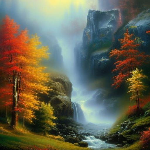 Autumn Waterfall Cottage in Ethereal Fantasy Style