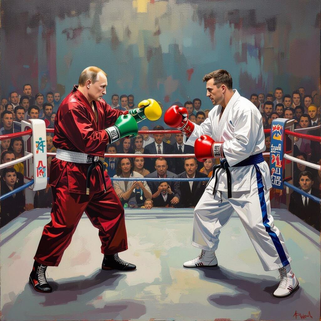 Putin vs Zelensky Boxing Match in Basquiat Style