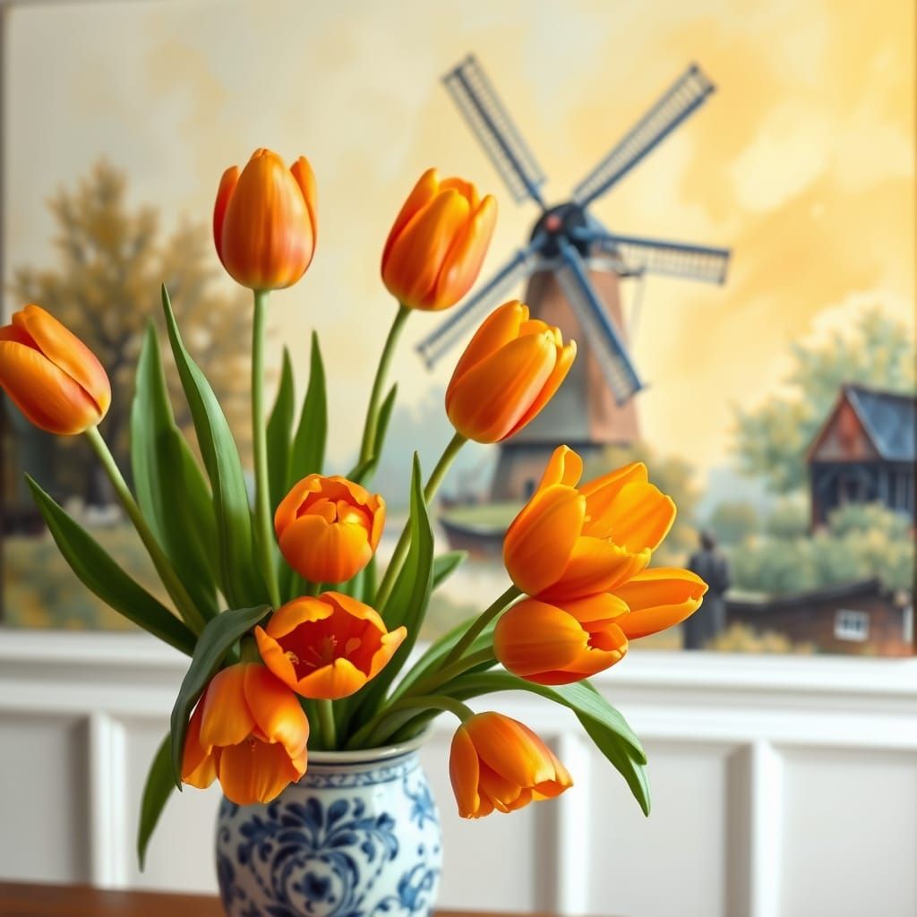 Orange Tulips and Delft Vase in Golden Light