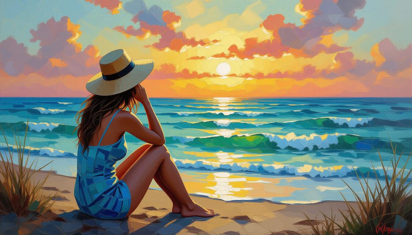 Seaside Summer Impasto Painting on Cracked Canvas