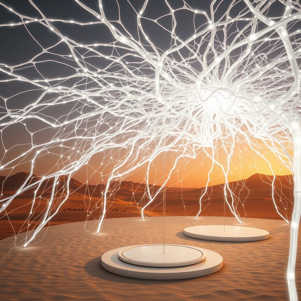 Ethereal Neural Network Canopy in a Futuristic Desert Landsc...